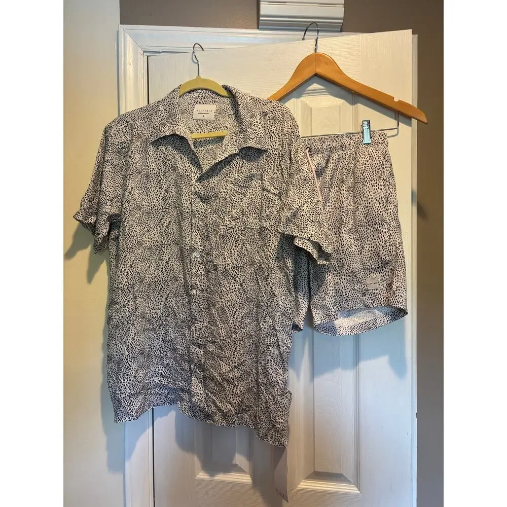 NWT Allfenix White Leopard Cabana Set Men Swim Trunk Board Shorts Button Shirt